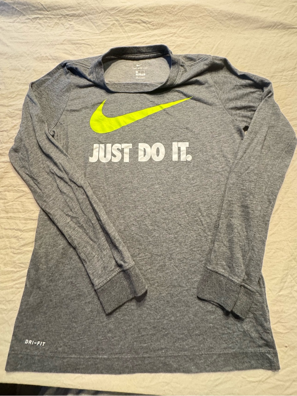 Nike Boys Dri-FIT Long Sleeve Shirt Size L Gray Volt Just Do It